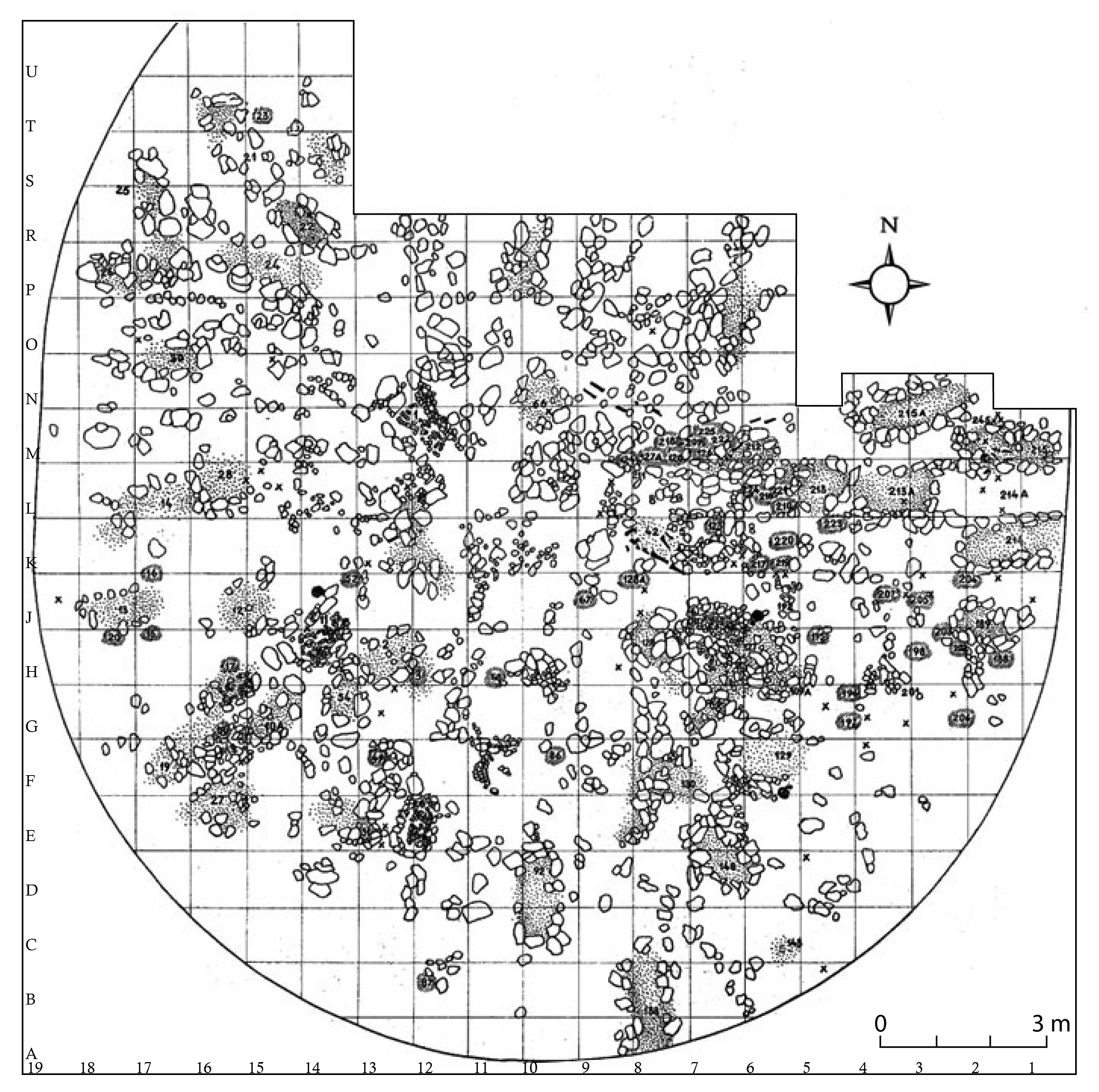 Figure 4. Reznasi 2. barrow topmost burial layer (Graudonis 1967, jn 19) The upper burial layer of the Reznas burial mound is characterised by the abundance of burials - at slightly different heights there were a number of stone cairns for both mortuary and cremation burials.