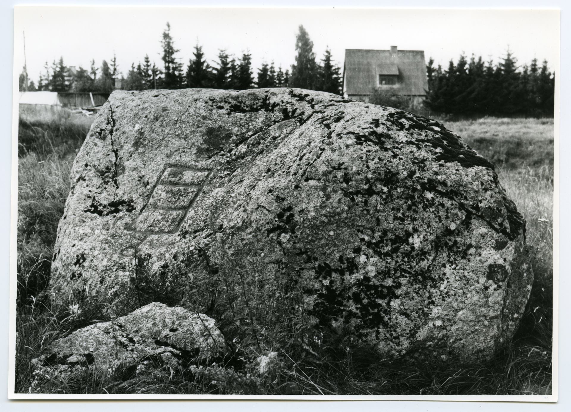 Must-valge pilt suurest hallist kivist, mida kutsutakse Lauritsakiviks.