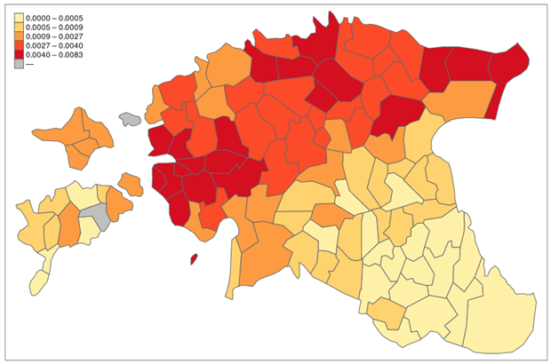 Sõnatüve eit/eide esinemuse suhtelised sagedused eesti regilauludes (kaart: Mari Sarv).