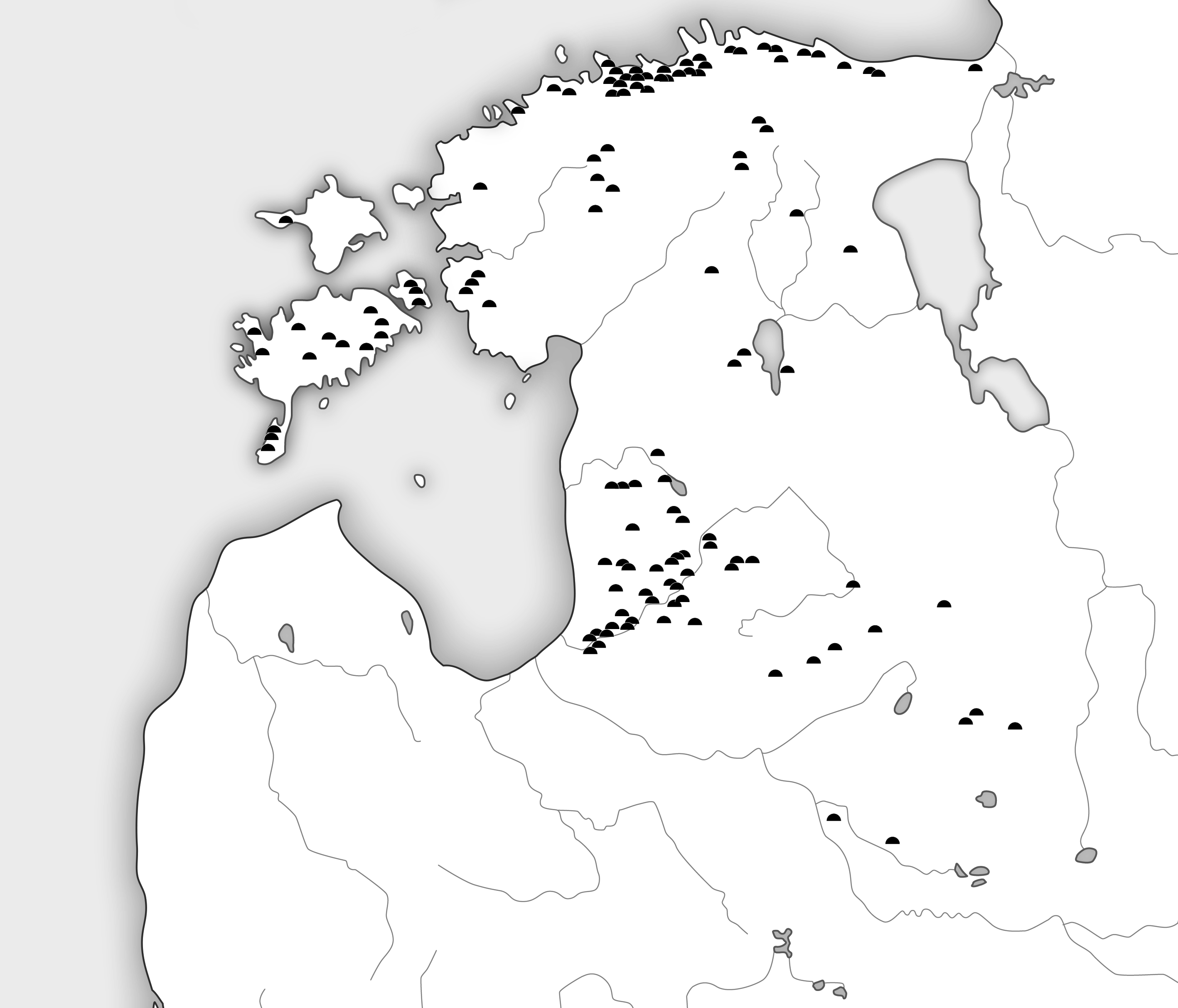 The sites of the stone cist graves marked on the map in Estonia and Latvia -  located mainly near the coast of Northern Estonia, on the coast of Western Estonia (around Lihula), Saaremaa. In Latvia, most of the stone cist graves are found on the west coast, in the area between the rivers Koiva and Salatsi. 