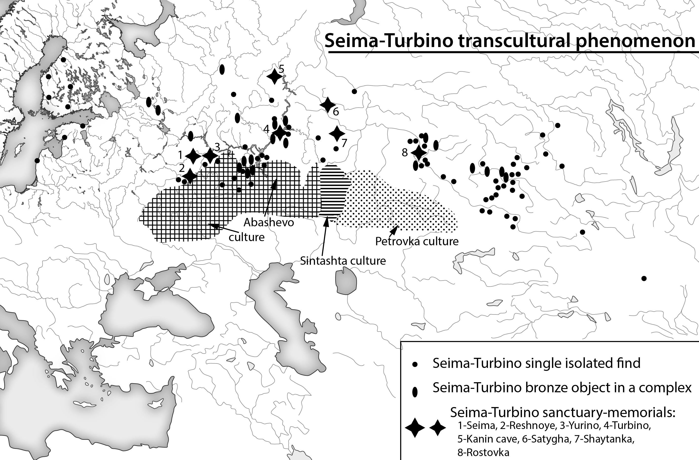Seima-Turbino pronksesemete kaart – leiukohad Eesti, Soome, Läti ja Kesk-Venemaa aladel.