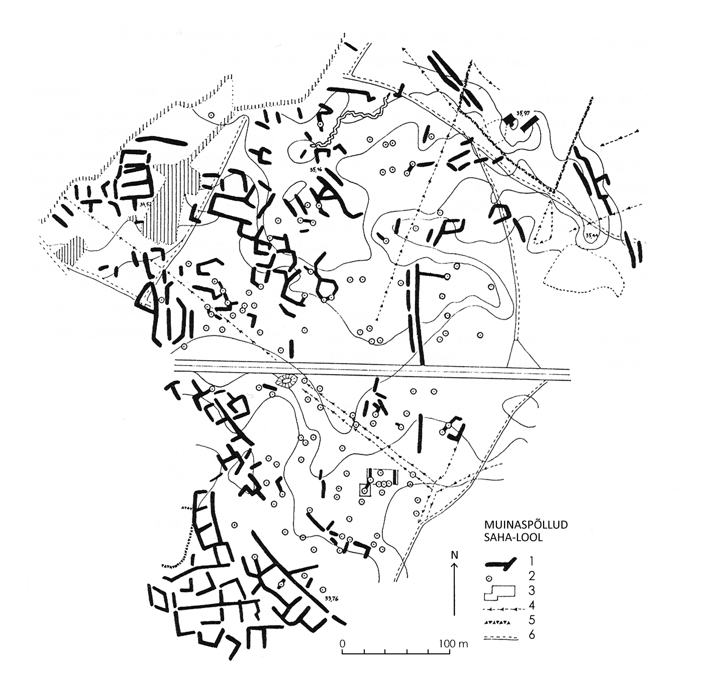 Saha-Loo muinaspõldude jäänuste paiknemise plaan. Põllulapid olid tihti nelinurksed või ristkülikukujulised, madala kivivalliga piiratud peenrad. 