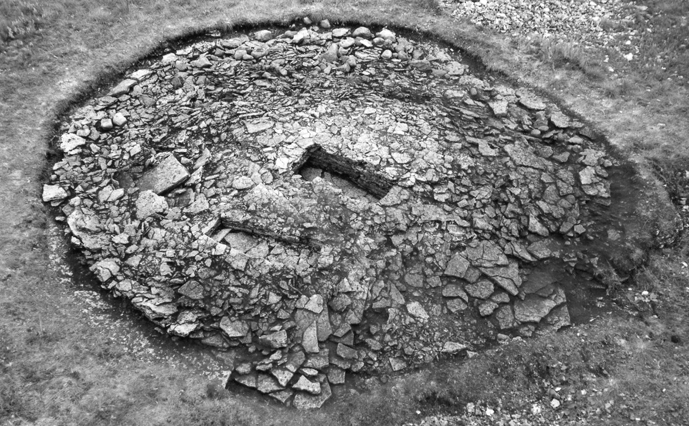 Stone cist grave - in the centre, a coffin the size of a man, surrounded by a circular limestone cairn. 