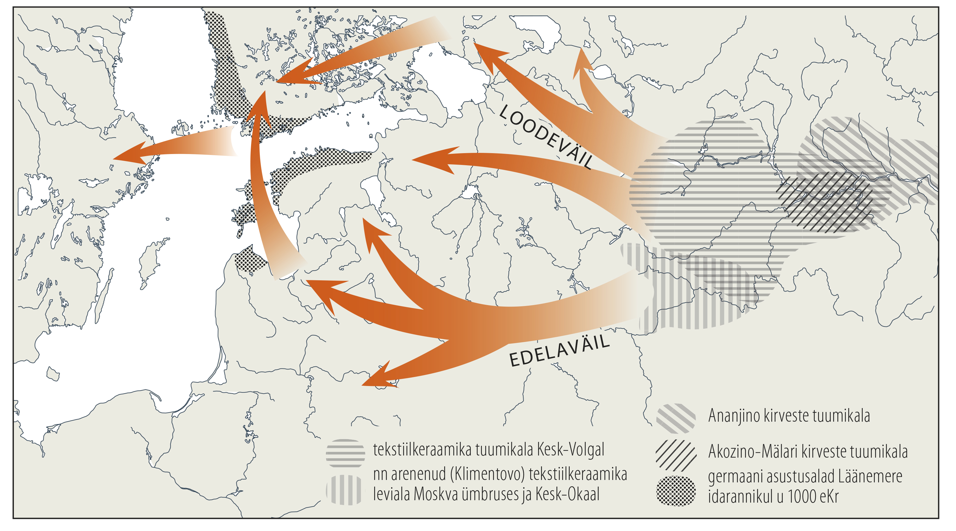 A map of Finland, central Russia and the Baltic States, showing the core area of the West Meromans in the Volga-Urals region of central Russia, and the two main migration routes to the current settlements on the Baltic coast - the north-western route towards Karelia, northern Estonia and the southern coast of Finland, and the south-western route through Latvia to southern Estonia.
