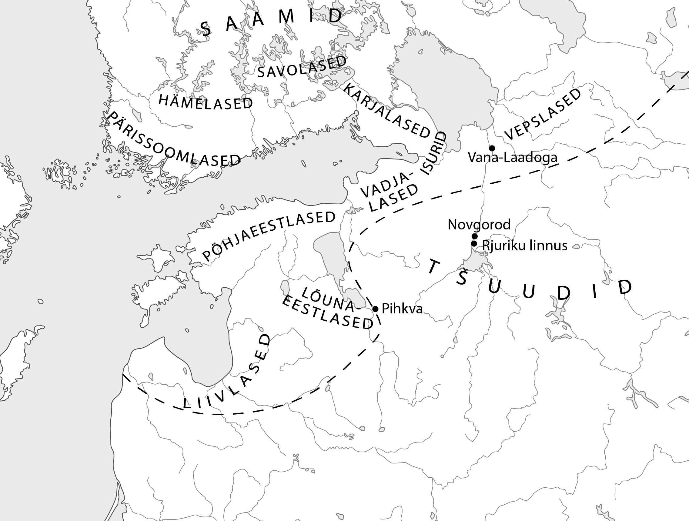 Läänemeresoomlaste, saamide ja tšuudide asualad 1000. aasta paiku.