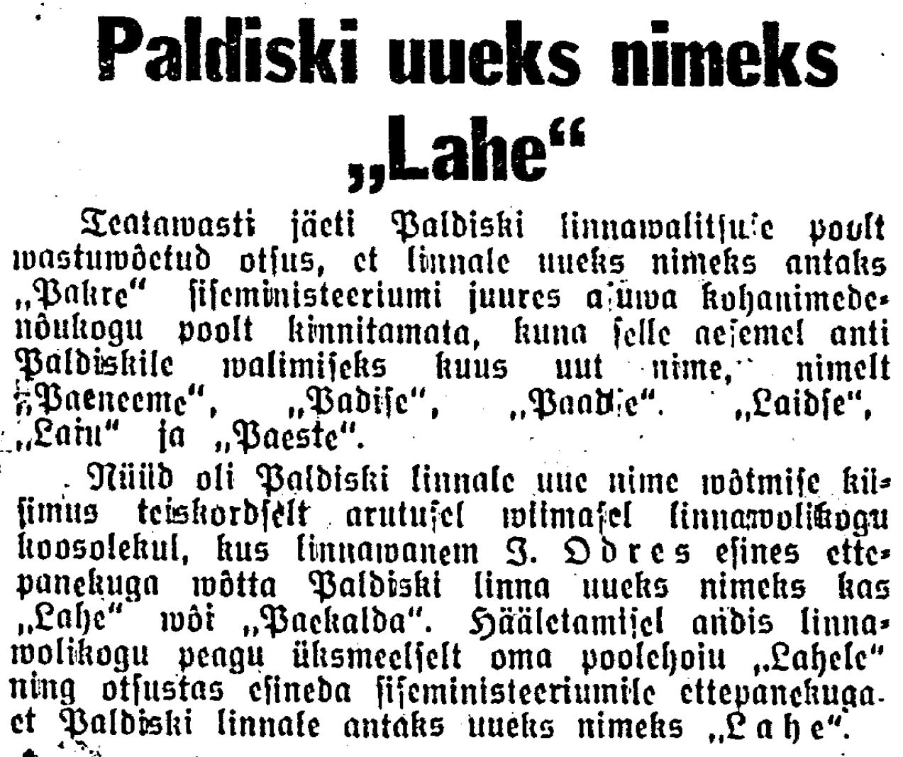 Must-valge ajaleheväljavõte Paldiski nime muutmisest "Laheks".