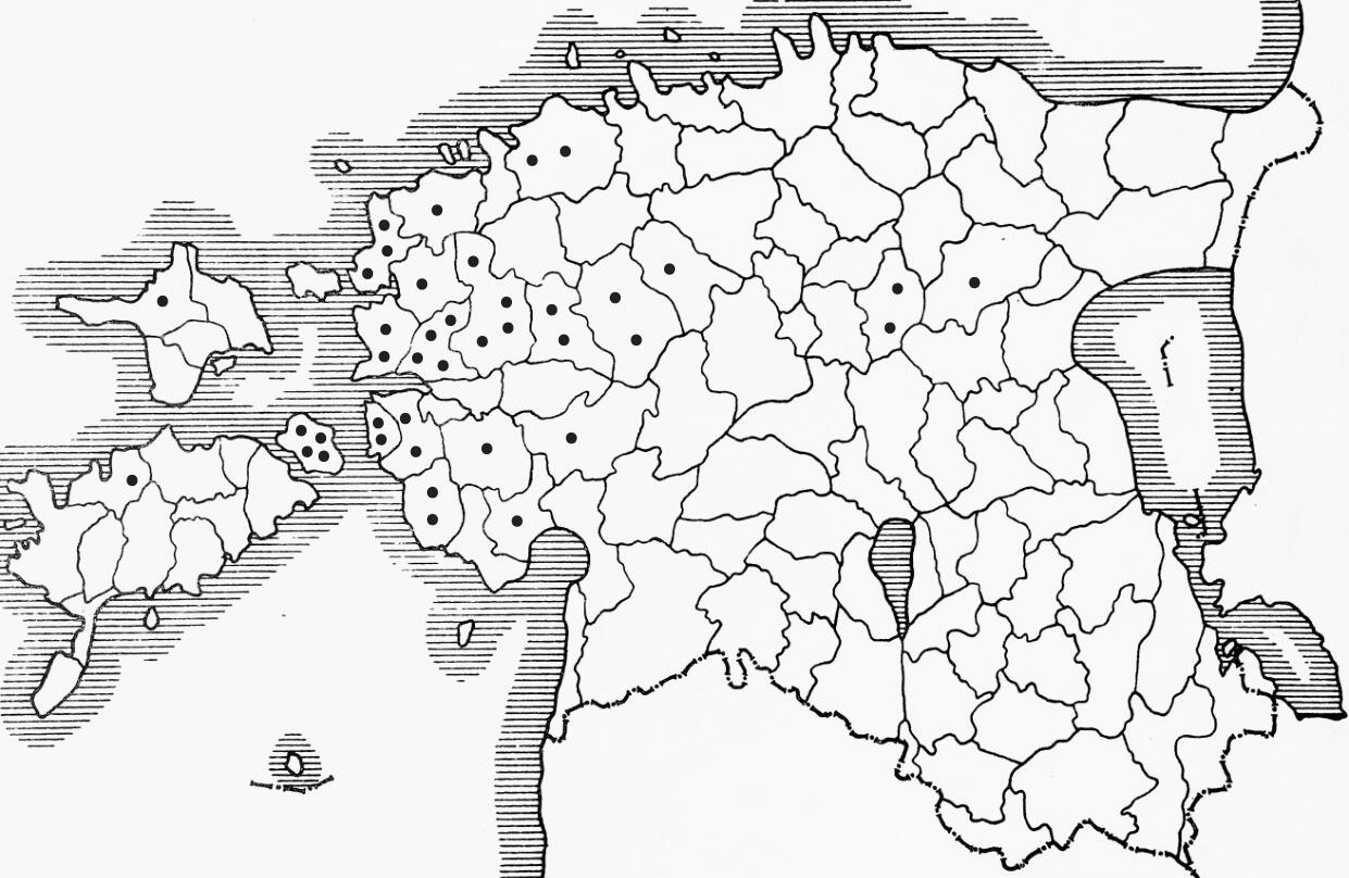 Kaart, kus on märgitud mustade täppidega alad, kus alustati rukkimaa kündmist. Täpid peamiselt Lääne-Eesti aldael ja saartel.
