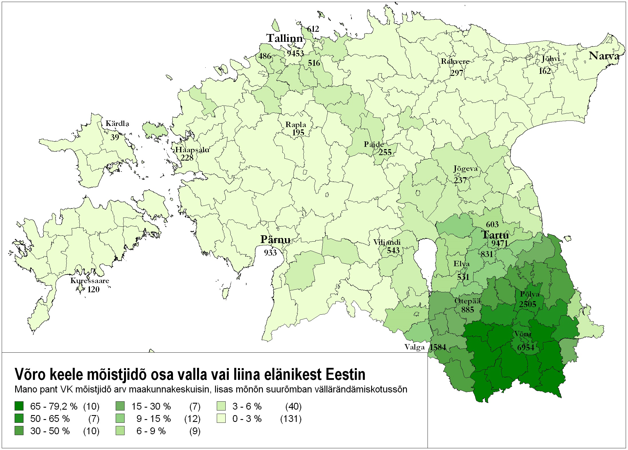 Eesti kaart rohelisega, kus on märgitud võro keele kõnelejad Eestis. Kõige rohkem Võrumaal.